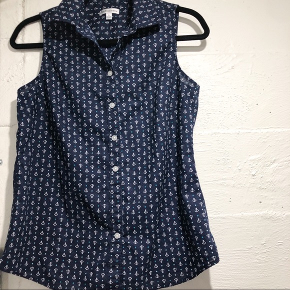 Navy Anchor Print Collared Button Up Top Small - Picture 2 of 4
